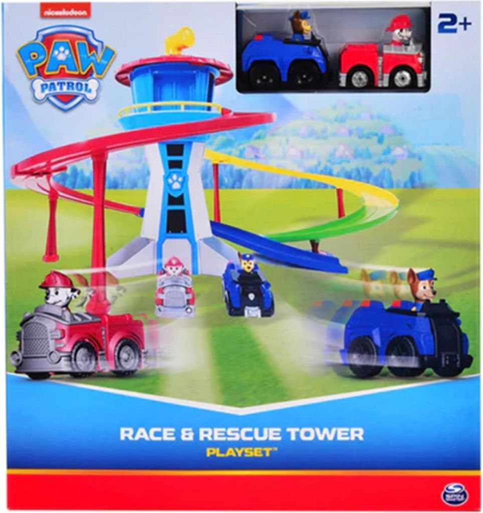 Product packaging for a Paw Patrol Race & Rescue Tower playset.