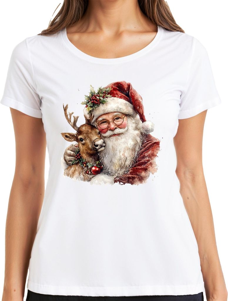 Weihnachtsmann mit Rentier Aquarell Vintage Geschenk Weihnachten Damen T-Shirt, Weiß, XL