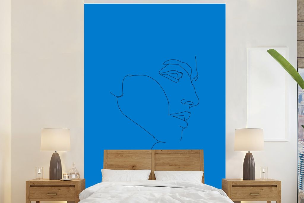 MuchoWow Fototapete für Wohnzimmer oder Schlafzimmer Wandtapete Vinyl Motivtapete Mann - Strichzeichnung - Blau - 225x350 cm - Schlafzimmer tapete