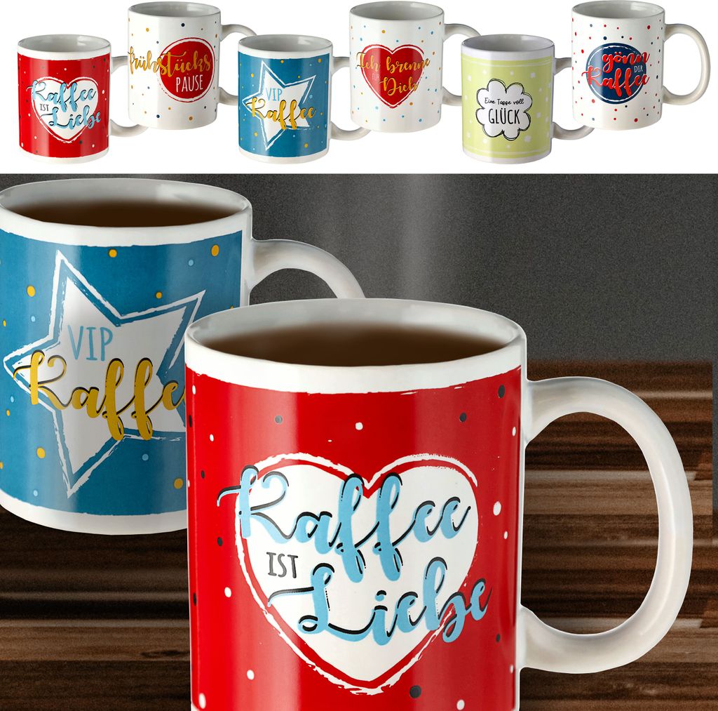 Becher 'Sprüche' 6er Set 300 ml Steinzeug 12,5x9,5x8cm weiß Henkeltasse Kaffeebecher Tasse Aufdruck 6 Motive
