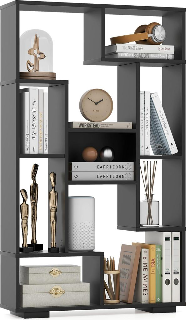 COSTWAY 120cm Bücherregal, Standregal, Mehrzweckregal Holz, Aufbewahrungsregal mit 9 Fächern, Kippschutz, Schwarz