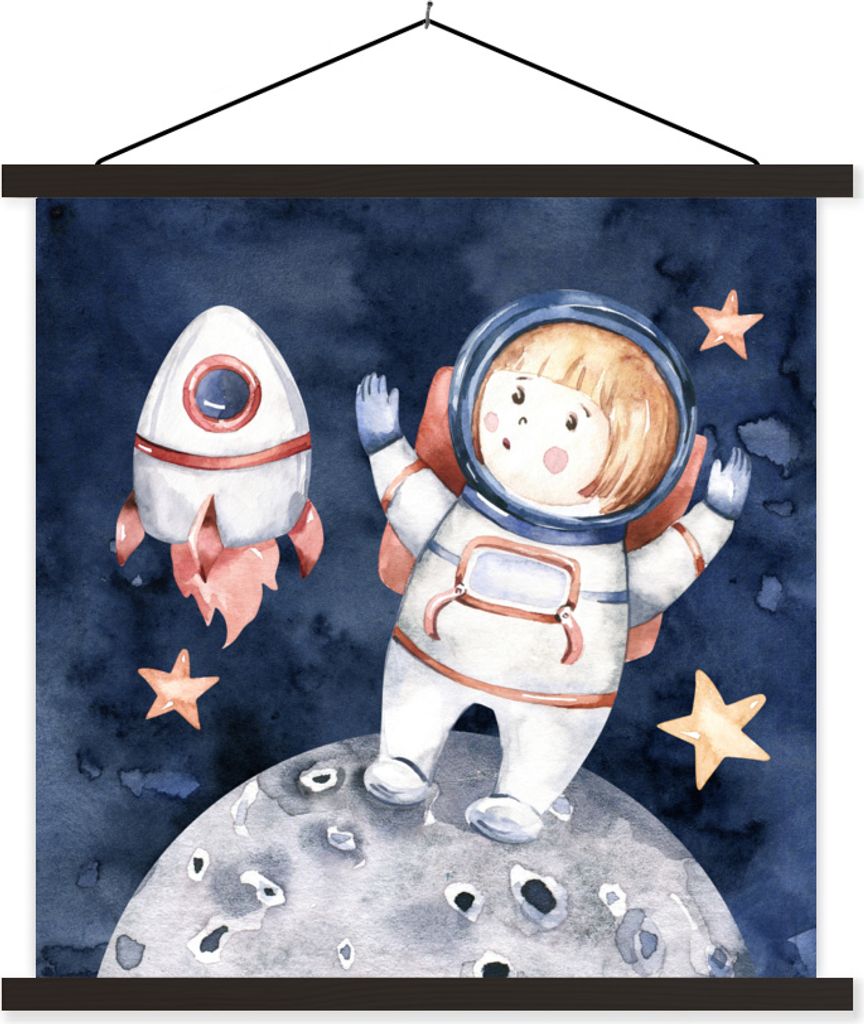MuchoWow Textilposter Weltraum - Rakete - Mond - Jungen - Mädchen - Kinder 120x120 cm mit schwarzem Rahmen - Aufhängungsset