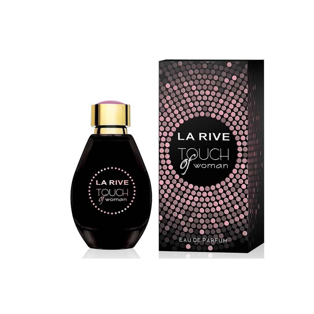 A bottle of La Rive Touch Of Woman Eau De Parfum and its packaging are displayed against a white background.
