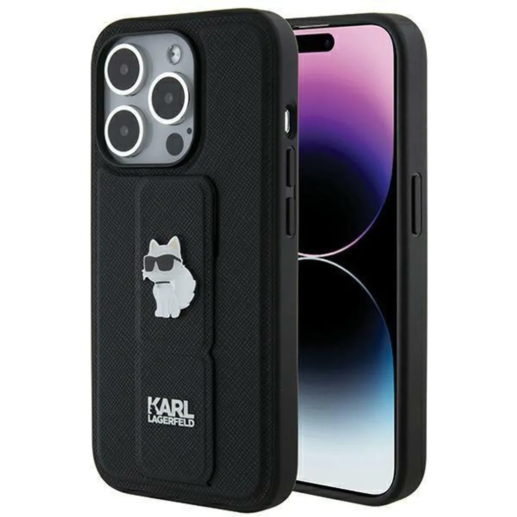 Cover iPhone 14 Pro Karl Lagerfeld Saffiano Nera con Stand e Pins