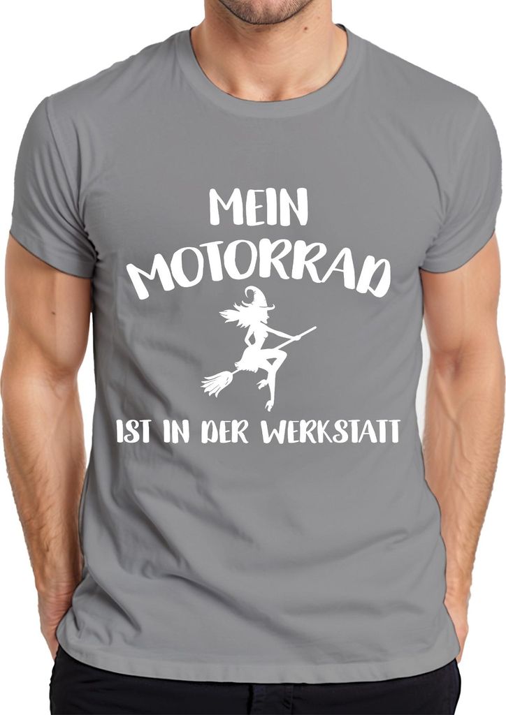 Mein Motorrad in der Werkstatt Hexe Besen Bikerin Lustig Geschenk Herren T-Shirt, Grau, S