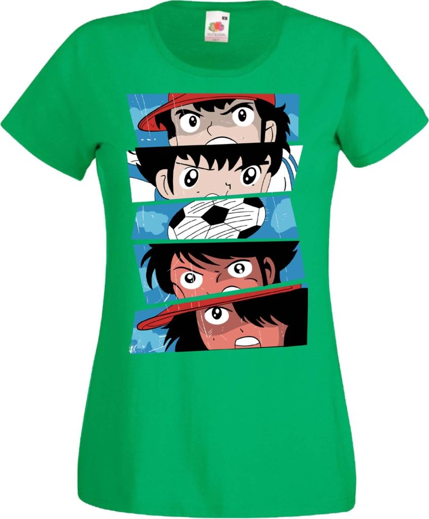 Damen T-Shirt Manga Anime Captain Tsubasa 02 Goal, Lady 2XL / Grün