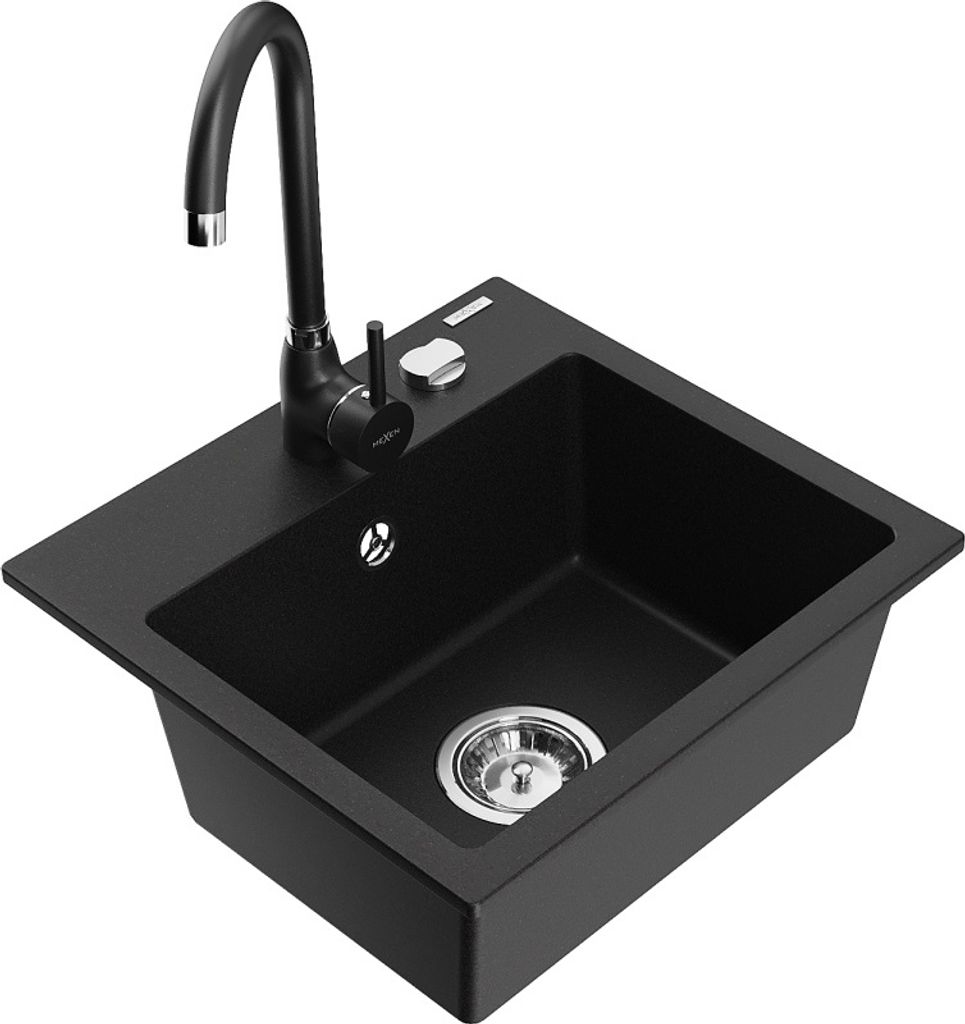 Mexen Milo 1-Becken-Granit-Spüle mit Mischbatterie Telma, Schwarz - 6505-77-670200-70