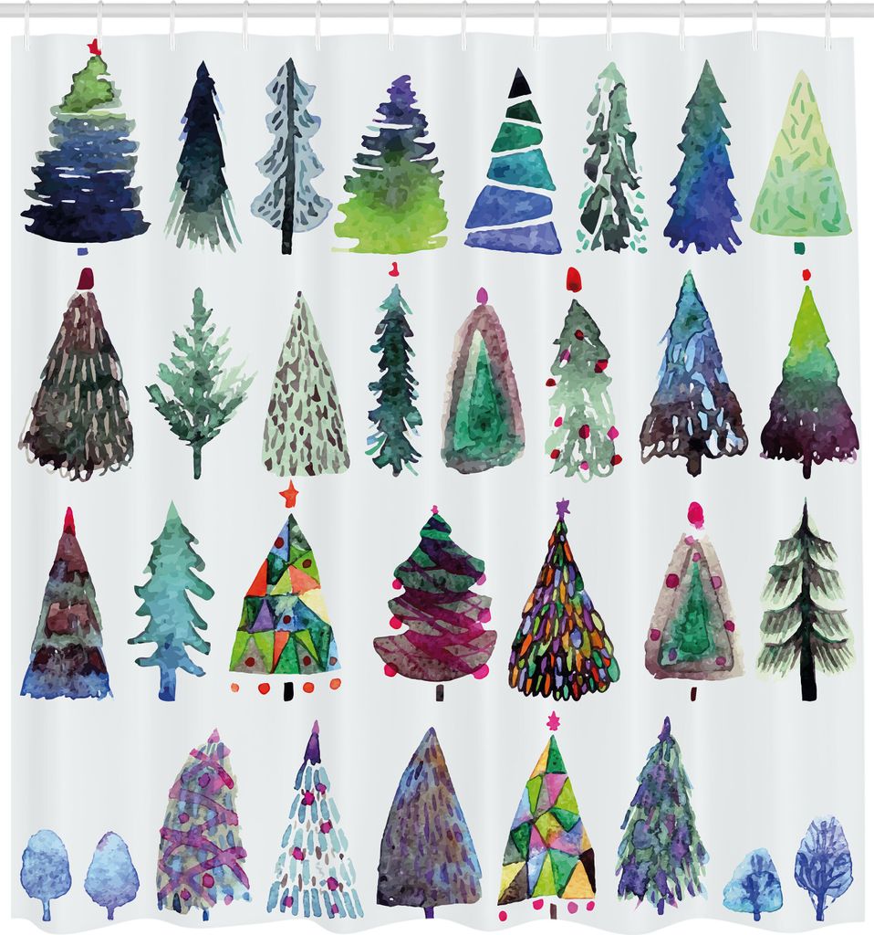ABAKUHAUS Weihnachten Duschvorhang, Große Sammlung Aquarell-Tannen-Tannen-künstlerische abstrakte Schattenbilder, Stoffliches Gewebe Badezimmerde...