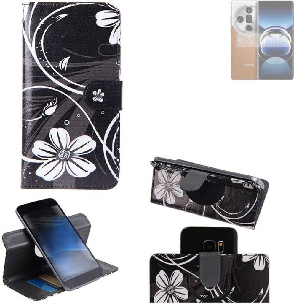 K-S-Trade Schutzhülle Handyhülle kompatibel mit Oppo Find X7 Hülle 360° Wallet Case “Flowers“ Klapphülle Hülle schwarz-weiß 1x