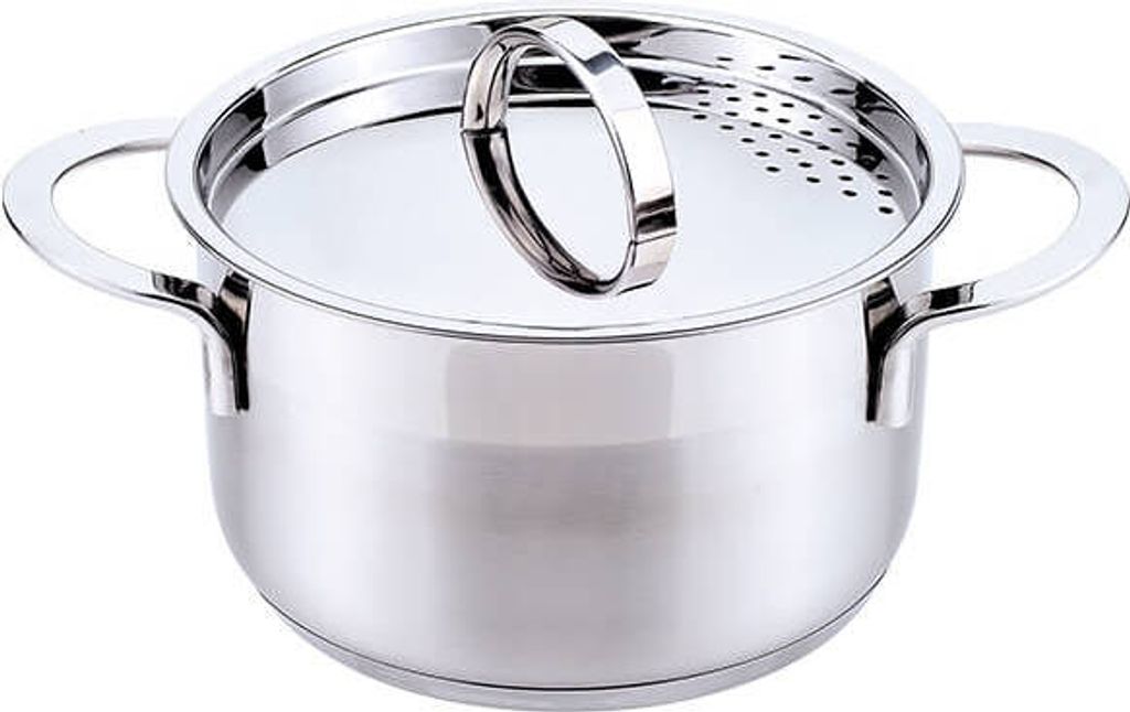 A stainless steel pot with a lid and handles, shown from a front-side angle against a white background.