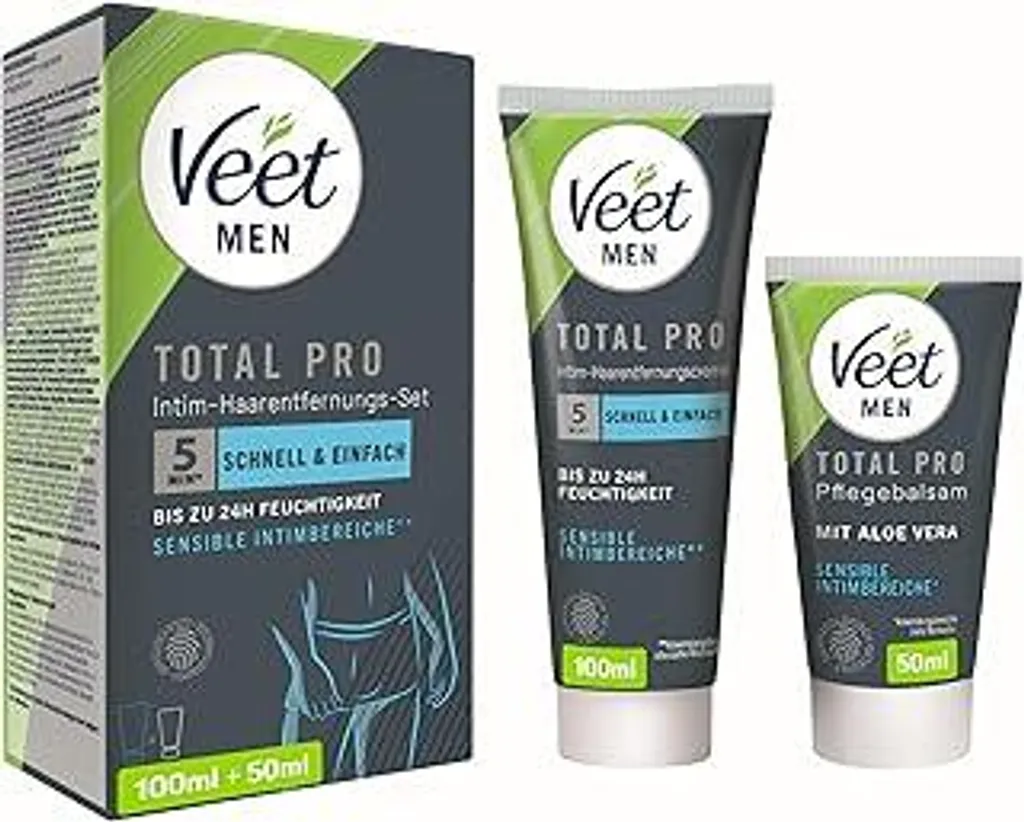 Veet Men Kit depilatorio per zone intime - Crema depilatoria per zone intime, per uomini - Tubo da 100 ml e balsamo curativo da 50 ml