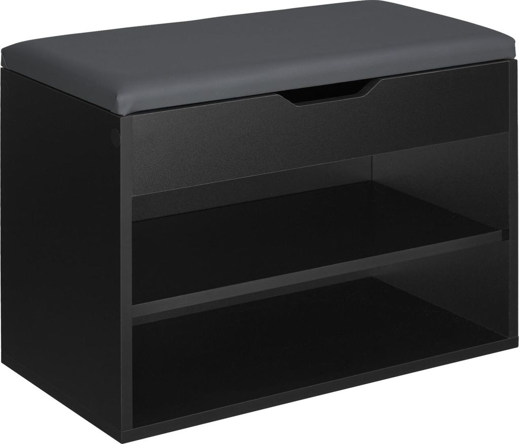 A black shoe bench with a gray upholstered top and two open shelves below, shown from a front-side angle against a white background.