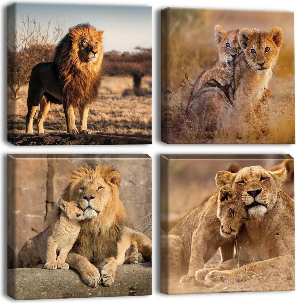 Tableau famille de lions 4 pièces impression sur toile 30x30cm décor