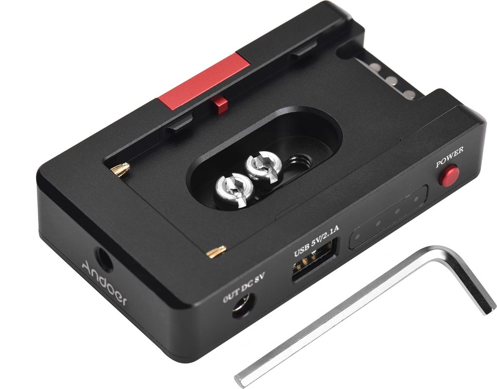 Andoer NP-F Akkuladegeraet Metall Akku Adapterplatte mit USB Ladeanschluss DC12V DC8V DC Ausgaenge 1/4 Zoll Schraubanschluss Ladegeraet fuer NP-F97...