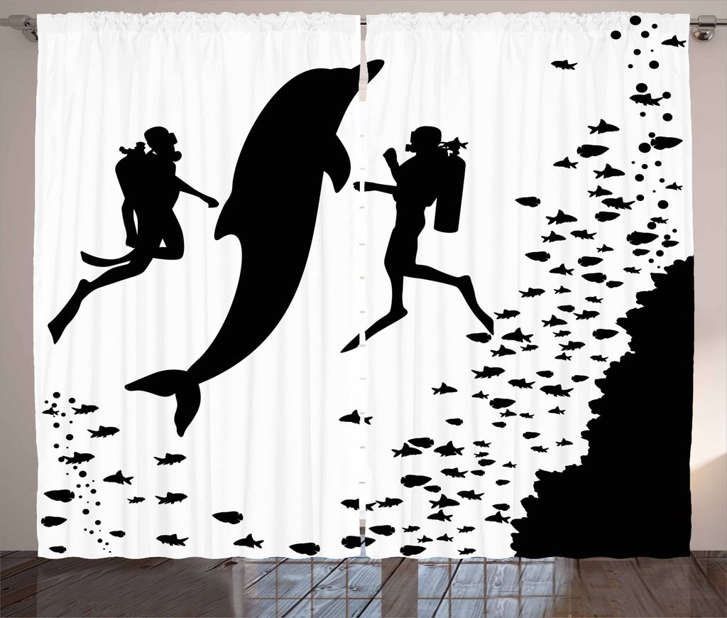 ABAKUHAUS Delphin Rustikaler Gardine, Scuba Divers Schwimmen, Schlafzimmer Kräuselband Vorhang mit Schlaufen und Haken, 280 x 245 cm, Weiß Schwarz