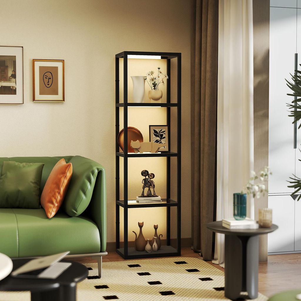 HOMCOM LED Stehlampe Wohnzimmer Dimmbar mit Glasregal, Fußschalter, 3 Helligkeit