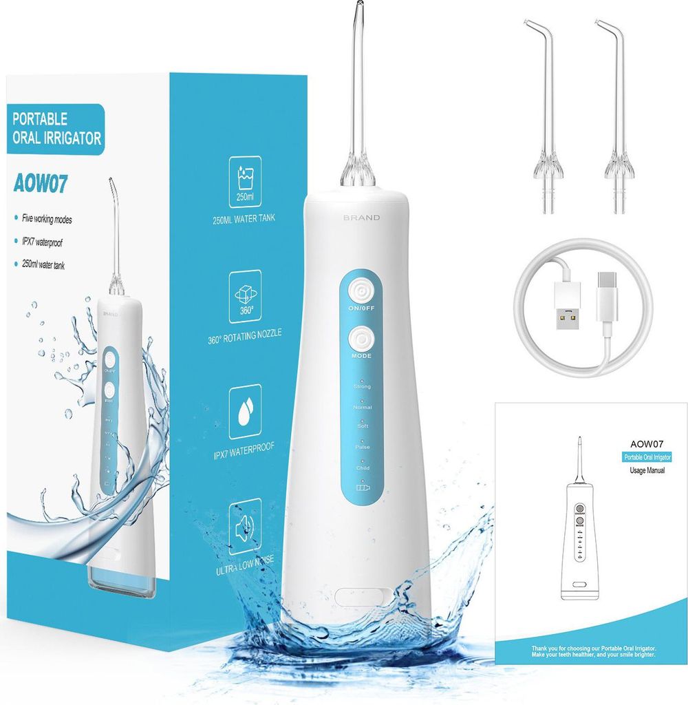 Munddusche, Kabellose Zahndusche mit 5 Modi und 2 Düsen, 280 ml Wassertank, 2000 mAh Akku, IPX7 wasserdicht, Tragbarer Wasserflosser