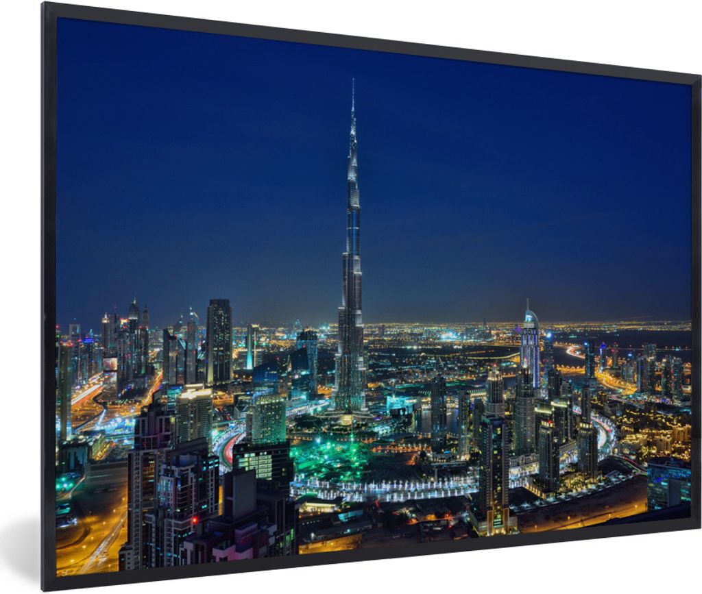 MuchoWow Gerahmtes Poster Dubai und der Burj Khalifa beleuchtet am Abend 30x20 cm - Poster mit Schwarzem Bilderrahmen Wandposter Rahmen Foto Bild...