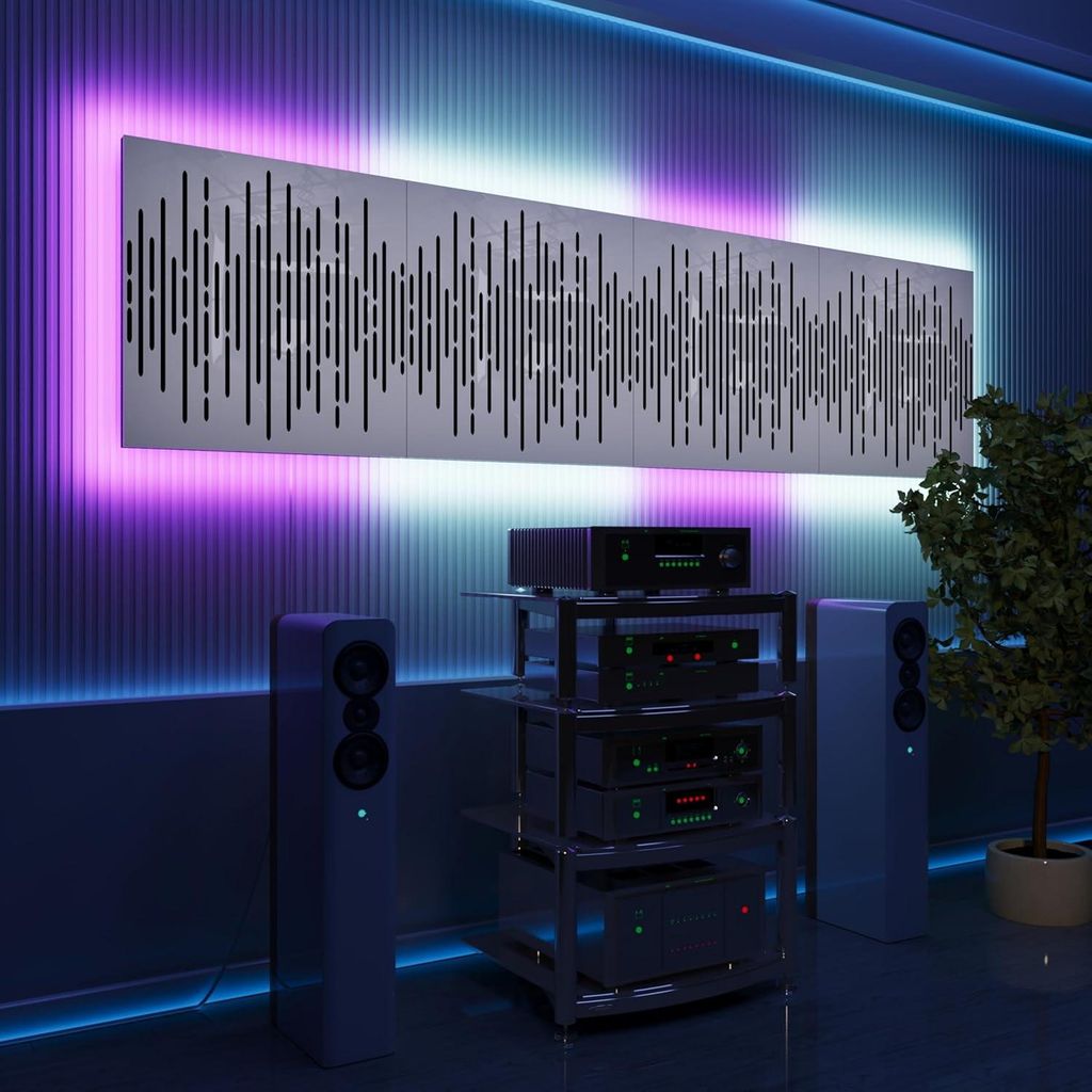 4er-Pack-LED Akustikwandpaneele mit RGB Glow für Echo Control|Schallabsorbierende Paneele mit Backlight|4x WAVE -Grouped|Weißer Kunststoff