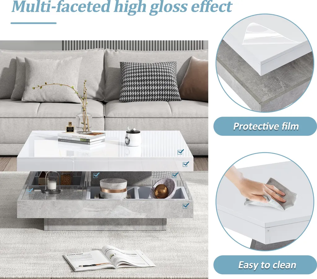 Table Basse de Salon Rotative Blanche Design Moderne avec Compartiments