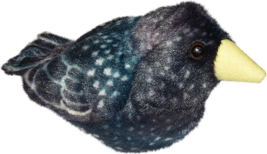 A plush toy bird is shown against a white background.