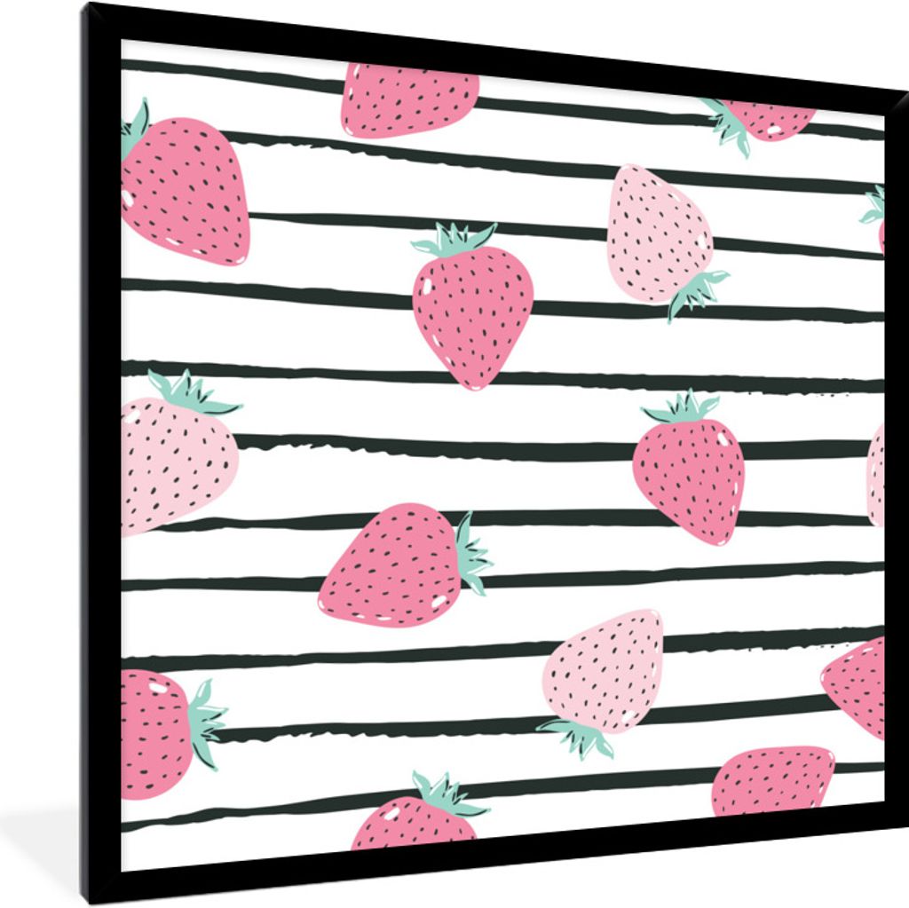 MuchoWow Gerahmtes Poster Sommerlich - Erdbeeren - Rosa - Streifen 40x40 cm - Poster mit Schwarzem Bilderrahmen Wandposter Rahmen Foto Bilder - M...