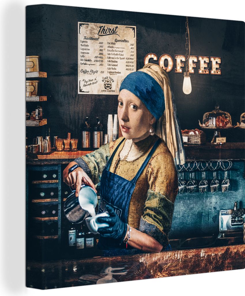 MuchoWow - Leinwandbilder - Kaffee - Mädchen mit Perlenohrring - Barista - Vermeer - Cappuccino - Gemälde, Wandbild, Wanddeko Bilder Wohnzimmer...