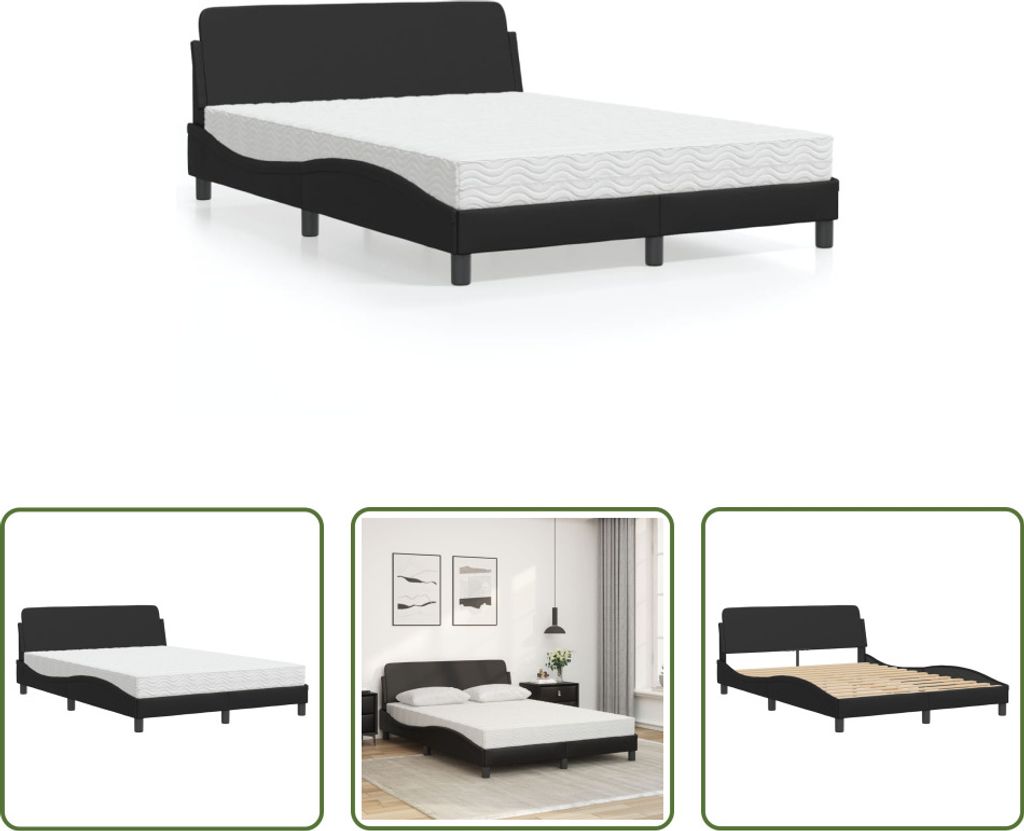 The Living Store Bett mit Matratze Schwarz 140x190 cm Kunstleder