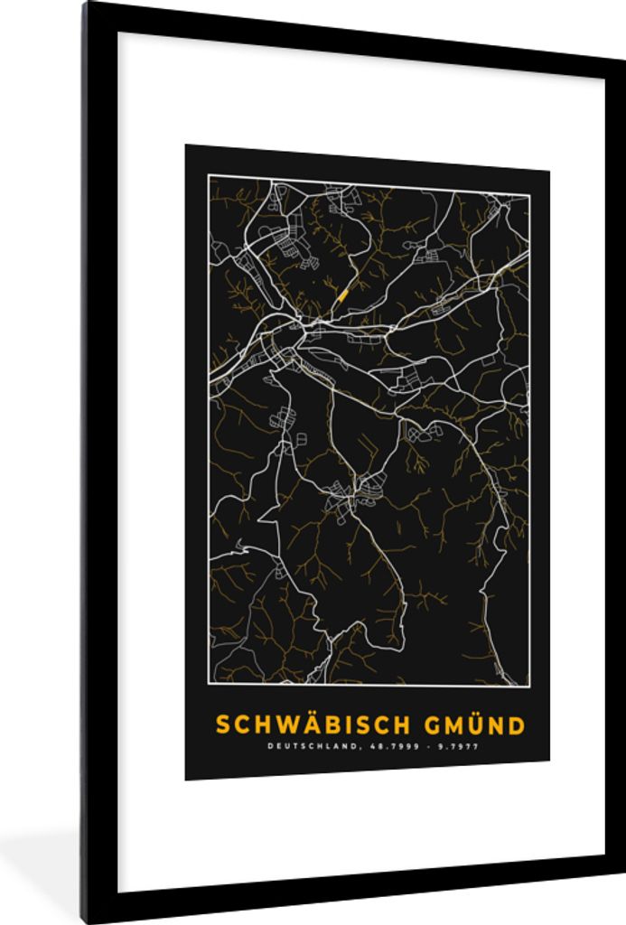 MuchoWow Gerahmtes Poster Gold - Deutschland - Karte - Stadtplan - Schwäbisch Gmünd 60x90 cm - Poster mit Schwarzem Bilderrahmen Wandposter Rah...