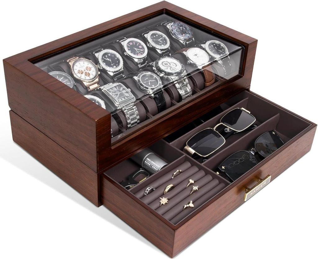 Uhrenbox Herren Echtholz 12 Fächer Walnuss Uhrenkoffer Produktbild 