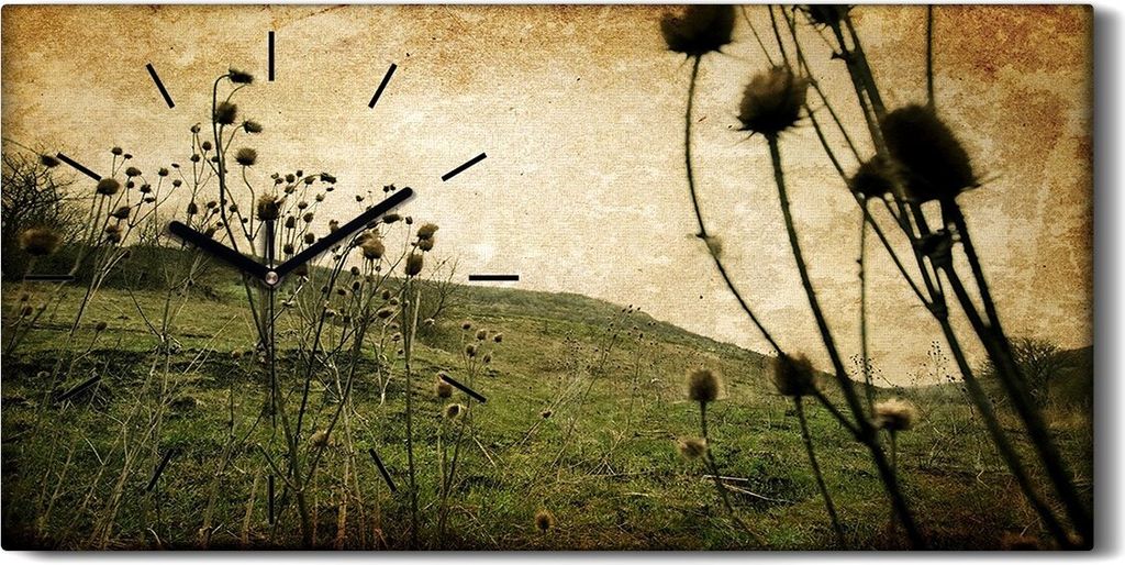 Dekor Leinwand Uhr Wandbilder Geräuschlos 60x30 Wiesenblumen Vintage Natur - schwarze Hände