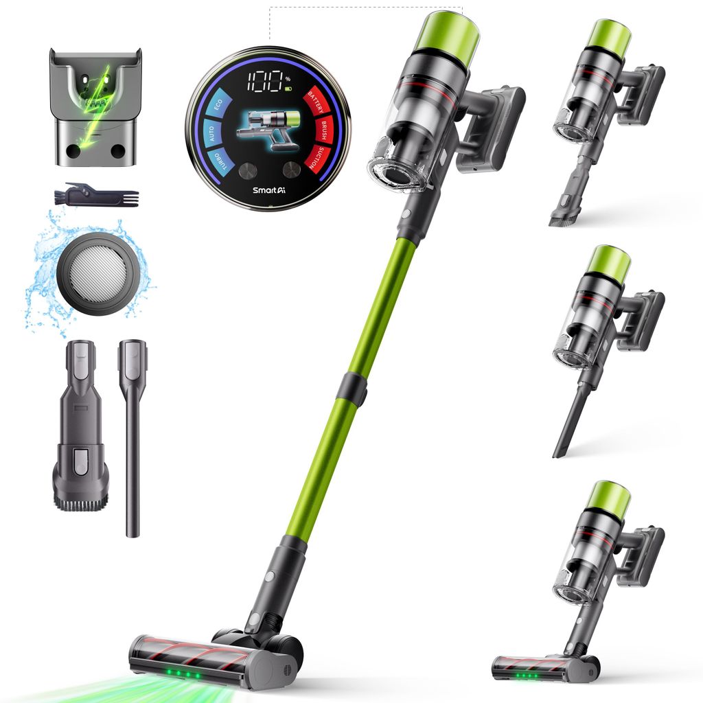 A cordless vacuum cleaner and its accessories are displayed against a white background, with some components shown in multiple angles.