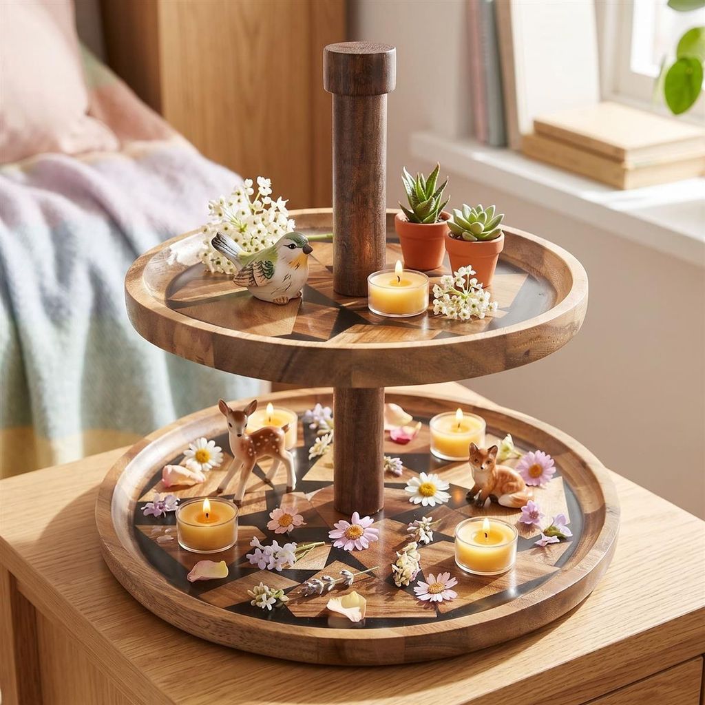 Etagere "Akazie" aus Holz 2 Etagen, mit Griff, Servierplatte für Obst & Gebäck, Cupcake Ständer