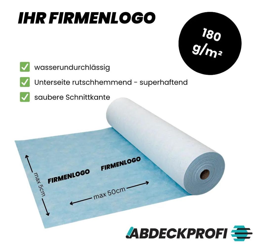 FIRMENLOGO Abdeckvlies selbstklebend - Atmungsaktiv - Dampfoffen ca.1200g/m²24h – 180g/m² ab 1 Palettenabnahme -1m x 10m Palettenabnahme 70 Rol...