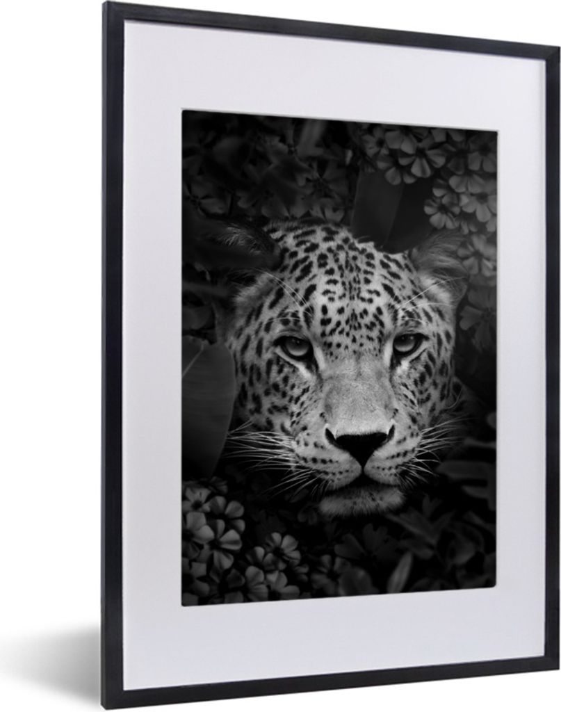 MuchoWow Gerahmtes Poster Panther zwischen Blumen im Dschungel - schwarz und weiß 30x40 cm - Poster mit Schwarzem Bilderrahmen Wandposter Rahmen...