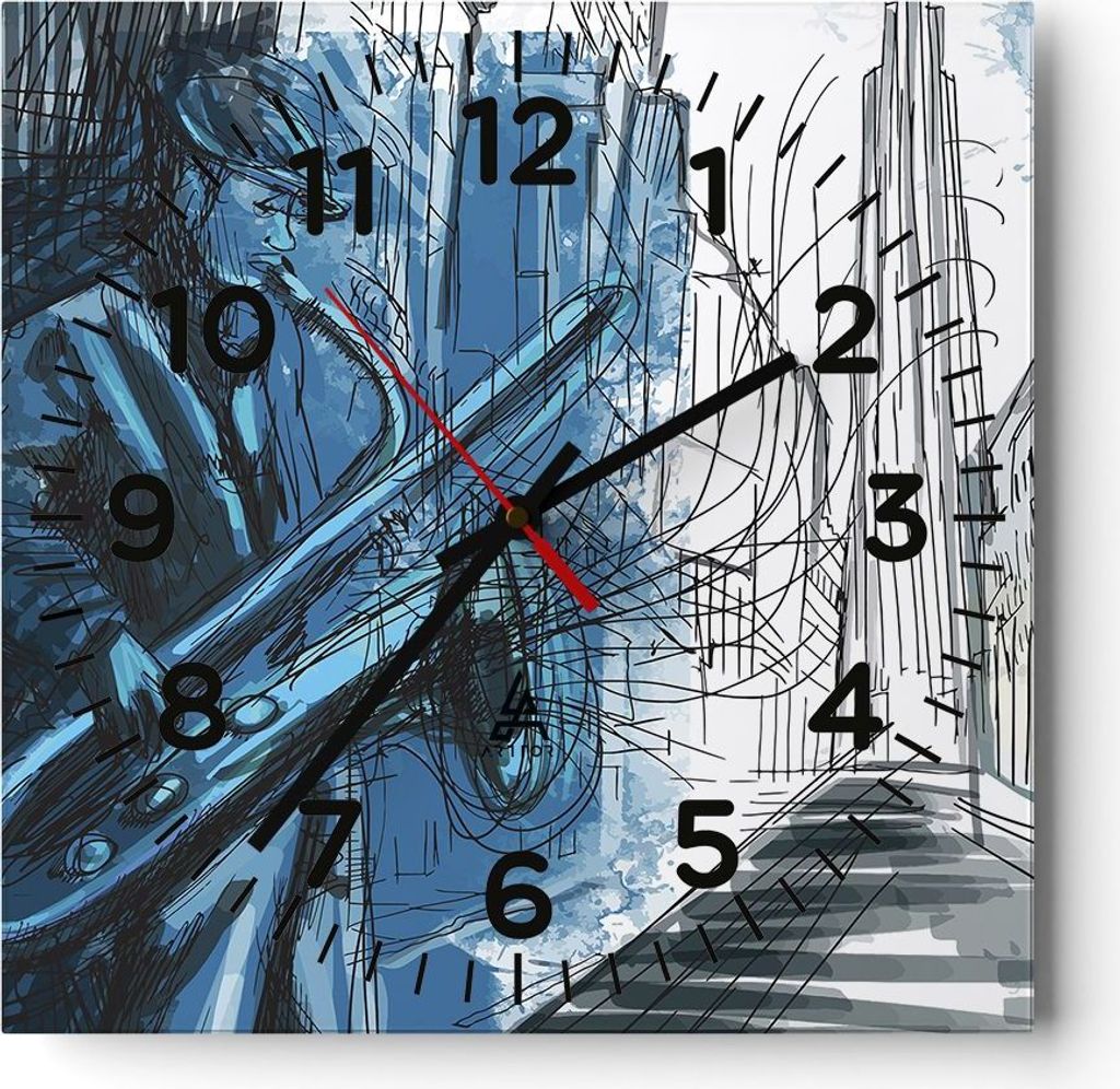 Wanduhr - Quadrat - Glasuhr - Saxophon Musiker Zeichnen - 40x40cm - Schleichendes Uhrwerk - Lautlos - zum Aufhängen bereit - Dekoration Modern - W...