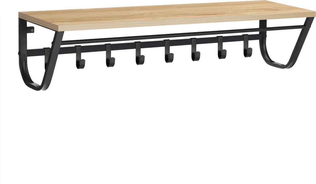 Wandregal mit Garderobenhaken, Kleiderstange zur Wandmontage im Skandinavischen Design, Flurgarderoben Set aus Vintage Eiche Holz mit Metall, Maße...
