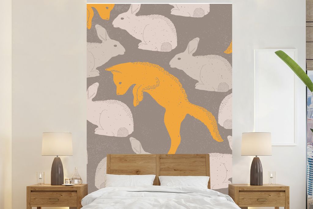 MuchoWow Fototapete für Wohnzimmer oder Schlafzimmer Wandtapete Vinyl Motivtapete Fuchs - Hase - Muster - 180x280 cm - Wallpaper