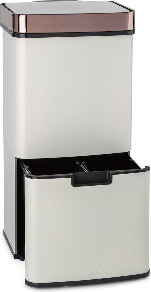 A white rectangular trash can with a rose gold lid and a pull-out drawer at the bottom.