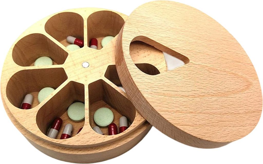 Pillendose aus Holz für 7 Tage, Tabletten-Organizer, Holzfach, Tablettenspender, Pillen-Organizer