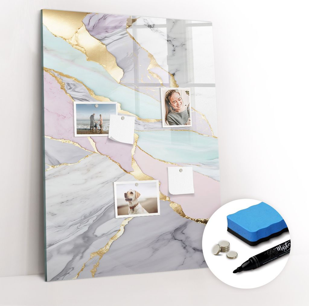 Magnetpinnwand Memoboard - Zubehörsatz - Schwarzer Marker + Schwamm + Magnete - 70 x 100 cm - Dekorativer Marmor