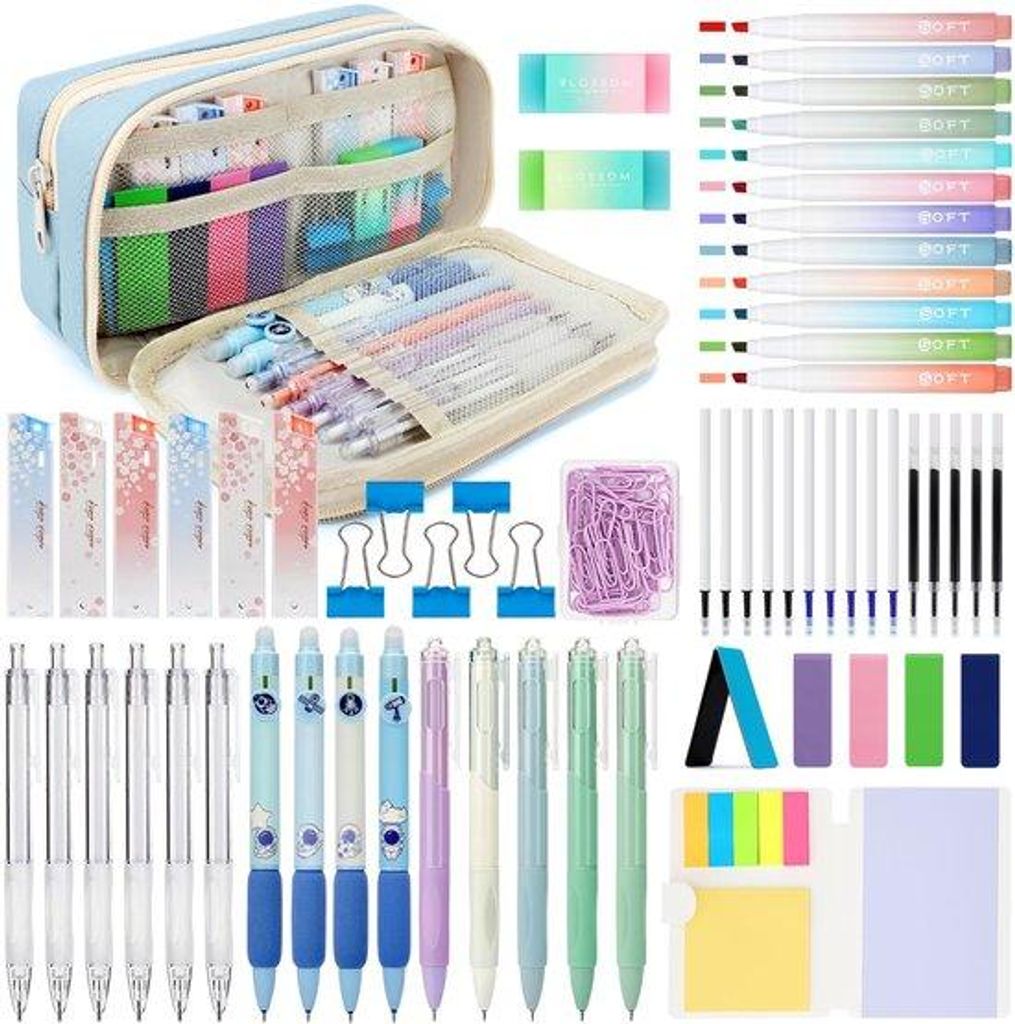 Schulset für Mädchen, 63-teilig, blau, mit Etui, 12 Pastellstiften, 5 Gummistiften, 6 mechanischen Bleistiften, 4 auswischbaren Gummistiften, sch...