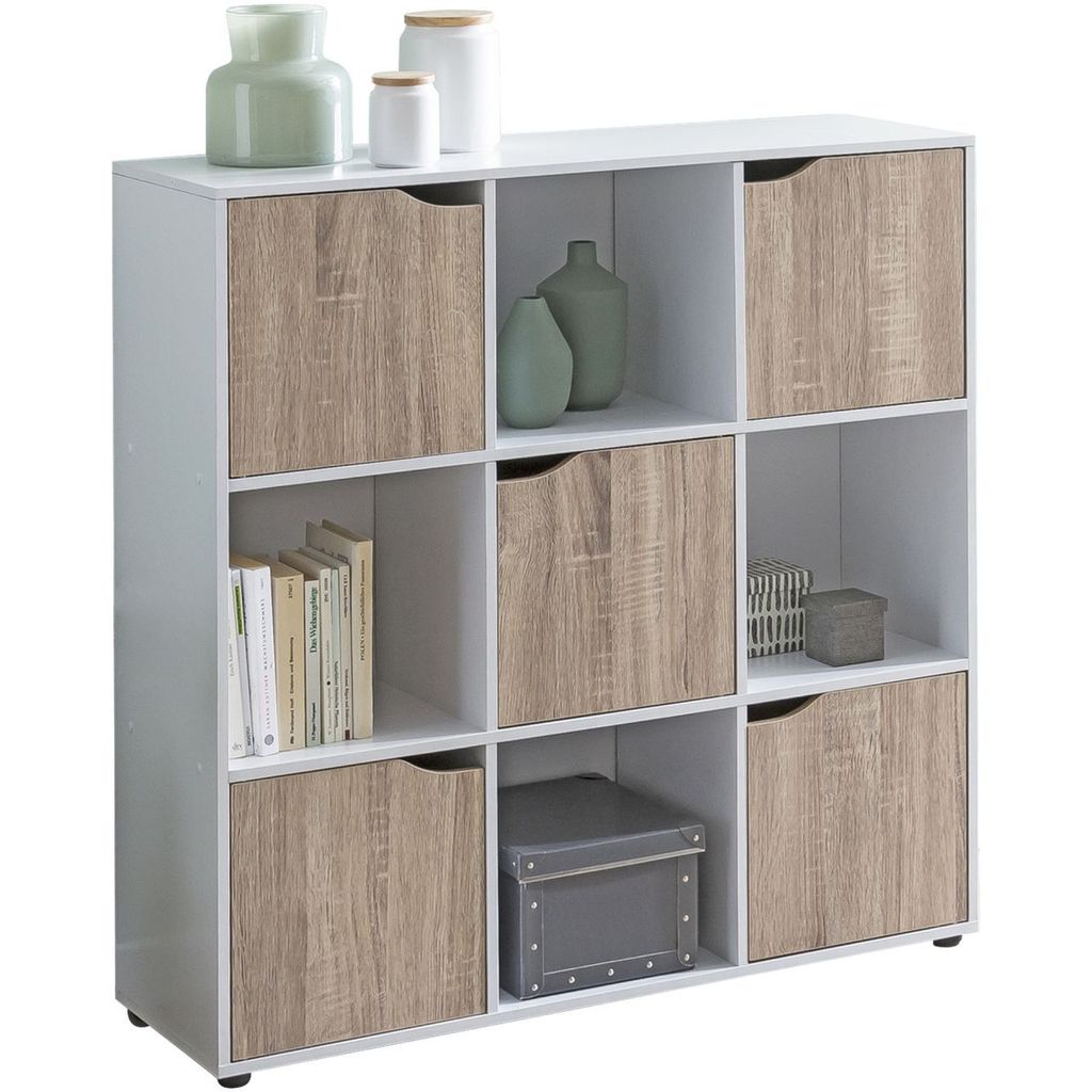 Sideboard MASSA 89 x 91 x 29 cm Bücherregal mit 9 Fächern Sonoma, Standregal mit 5 Türen, Modernes Würfelregal Raumteiler, Flurschrank offen, C...