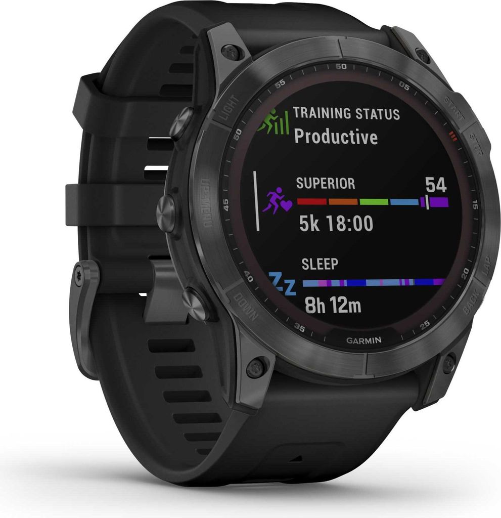 A close-up view of a black Garmin fenix 7X Solar smartwatch, displaying its screen with training status and sleep data.