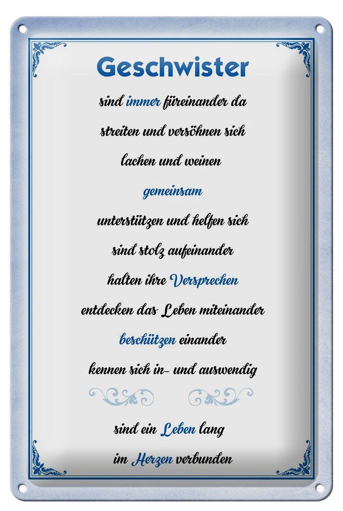 Blechschild Spruch 20x30cm Geschwister immer füreinander da