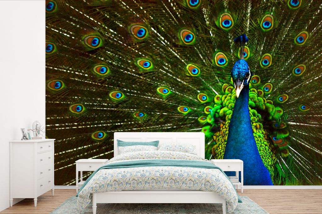 MuchoWow Fototapete für Wohnzimmer oder Schlafzimmer Wandtapete Vinyl Motivtapete Pfau - Federn - Muster - Blau - 525x350 cm - Das Hintergrundbild
