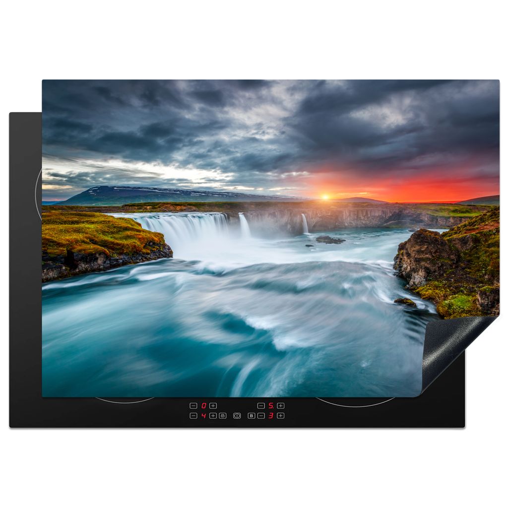 KitchenYeah Herdabdeckplatte Wasserfall - Sonnenuntergang - Natur - Wasser , 75x52cm, Küche Deko, Glaskeramikkochfeld Herdabdeckung, Abdeckplatt...