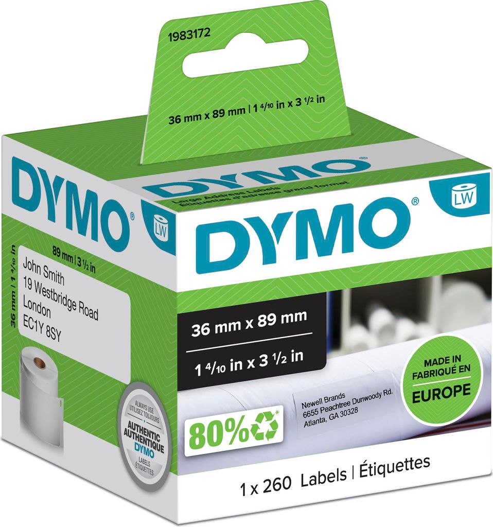 DYMO Original LabelWriter Adressetiketten (Groß) | 36 mm x 89 mm | Rolle mit 260 Etiketten | selbstklebend |für LabelWriter Etikettendrucker und ...