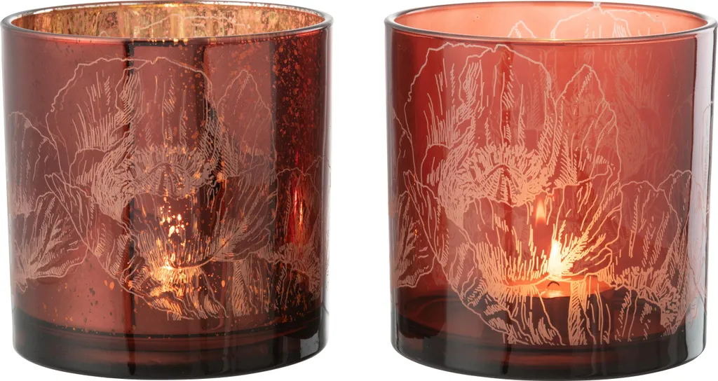 Grand Photophore Fleurs Bordeaux J-Line en Verre Antique - Set de 2