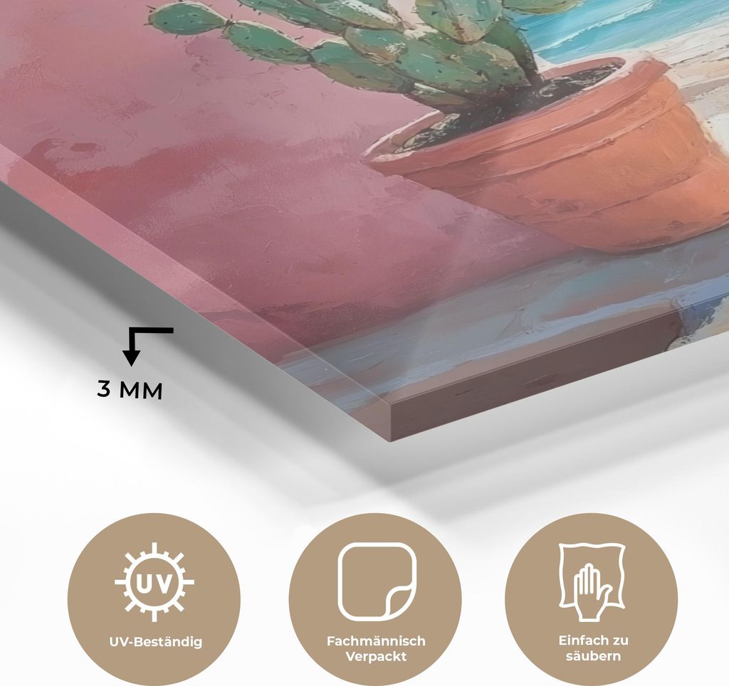 MuchoWow Glasbilder - Bilder auf Wandbild - Foto auf Glas Meer - Rosa - Kaktus 50x50 cm Wanddekoration aus Glas - Acrylglasbild - Acrylbilder - Wan...